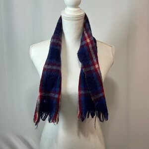 Mens Plaid Scarf Wool Blend Navy Blue Red Fringe Winter Warm Accessory‎